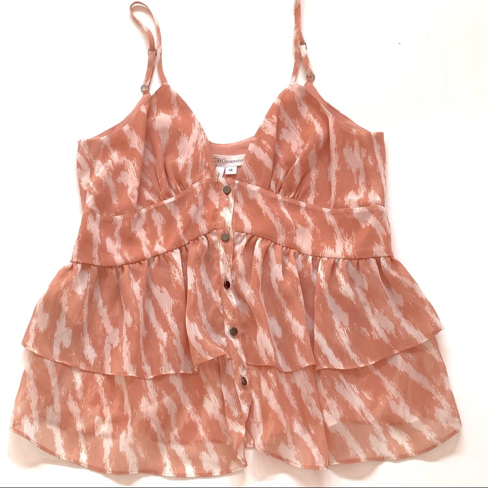 BCBG Ruffle Spaghetti Strap Button Down Top